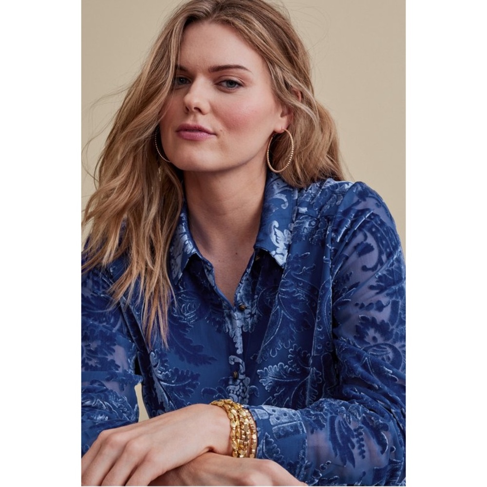 SOFT SURROUNDINGS NEW Blue Floral Damask Floreat Velvet Burnout Button Down Top